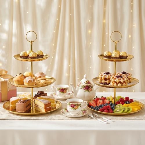 3 Tiered Gold Cupcake Stand, 2 Pack Stainless Steel Dessert Display Tower with Food-Grade Gold Coating, Holds 24, alternate
