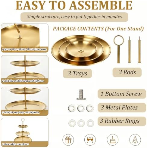 3 Tiered Gold Cupcake Stand 2 Pack Stainless Steel Gold Tiered Dessert Stand Cupcake Display Tower 3 Tier, alternate view 4