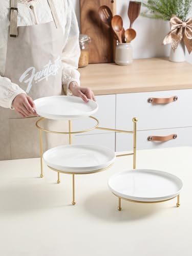 3 Tiered Serving Stand with White Porcelain Plates, 10.3" Round Tray, Dessert Table Display Set, Gold Metal, alternate view 2