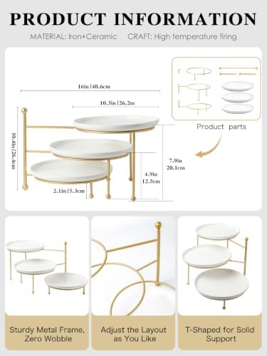 3 Tiered Serving Stand with White Porcelain Plates, 10.3" Round Tray, Dessert Table Display Set, Gold Metal, alternate view 3