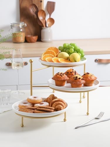 3 Tiered Serving Stand with White Porcelain Plates, 10.3" Round Tray, Dessert Table Display Set, Gold Metal, alternate view 5