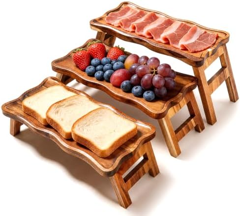 3 Tiered Serving Tray for Party Acacia Wood Foldable Tiered Tray Stand in Acacia Wood 3 Tier