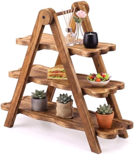 3 Tiered Serving Tray Wood Cupcake Display Stand, Wave Edge Rectangle in Natural Wood