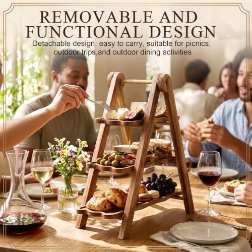 3 Tiered Serving Tray Wood Cupcake Display Stand, Wave Edge Rectangle in Natural Wood, alternate view 4