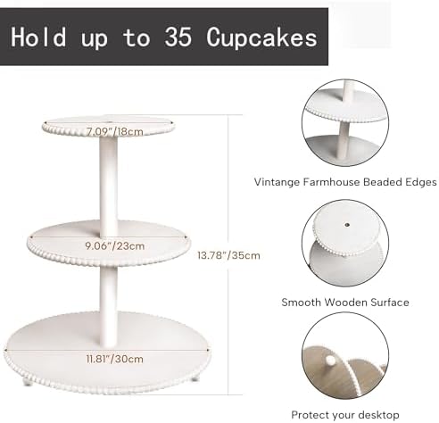 3-Tiered Wooden Cupcake Stand White Beaded Cupcake Tower Home Decoration in White, alternate view 2