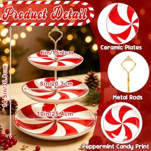 3 Tiers Christmas Peppermint Ceramic Cake Stand Dessert Tray in Peppermint, alternate view 2