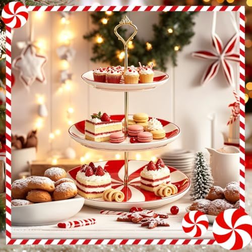 3 Tiers Christmas Peppermint Ceramic Cake Stand Dessert Tray in Peppermint, alternate view 3