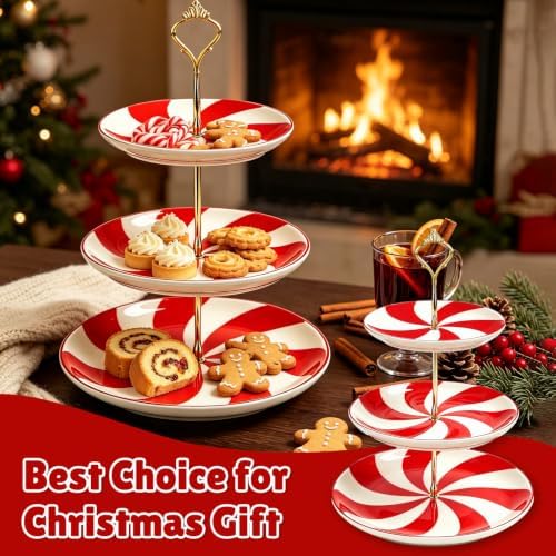 3 Tiers Christmas Peppermint Ceramic Cake Stand Dessert Tray in Peppermint, alternate view 4