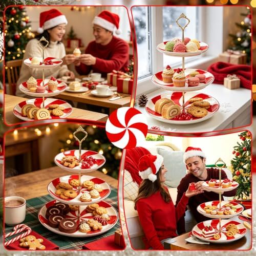 3 Tiers Christmas Peppermint Ceramic Cake Stand Dessert Tray in Peppermint, alternate view 6