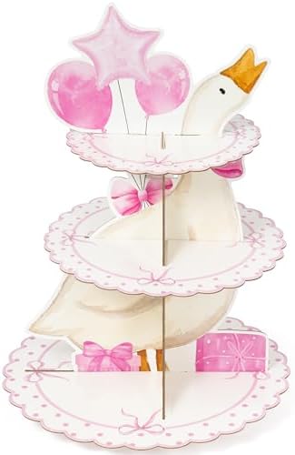 3 Tiers Pink Silly Goose Cupcake Stand Birthday Party Decorations in Pink White