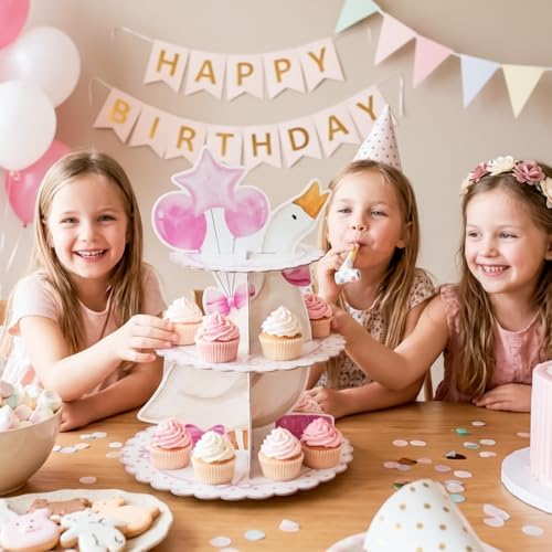 3 Tiers Pink Silly Goose Cupcake Stand Birthday Party Decorations in Pink White, alternate view 2