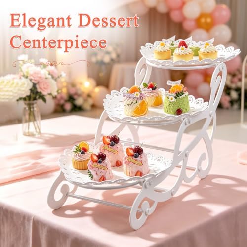 3 Tiers Plastic Dessert Cupcake Stand, Cake Fruit Candy Bread Display Tower in White, alternate view 4