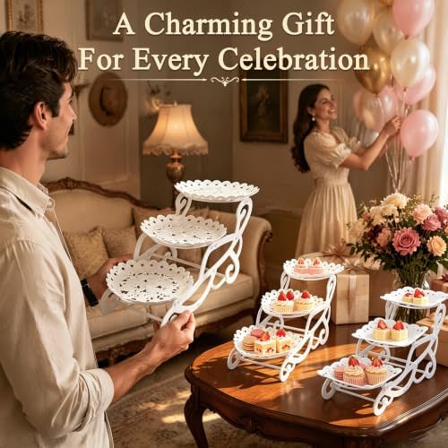 3 Tiers Plastic Dessert Cupcake Stand, Cake Fruit Candy Bread Display Tower in White, alternate view 5