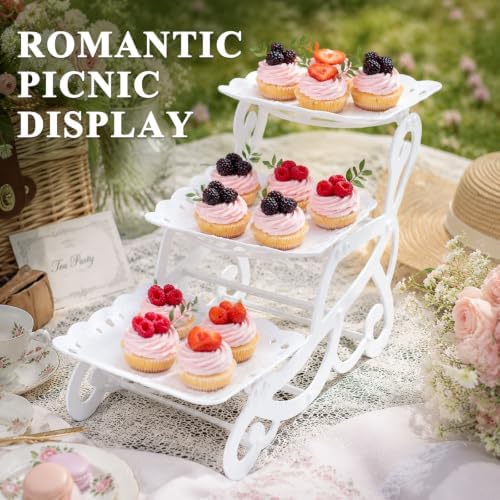 3 Tiers Plastic Dessert Cupcake Stand, Cake Fruit Candy Bread Display Tower in White, alternate view 7