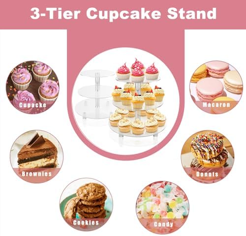 3 Tiers Round Cupcake Stand, Acrylic Cake Tower Stand Holder Macaron Display Rack Cookie Candy Buffet Desserts, alternate