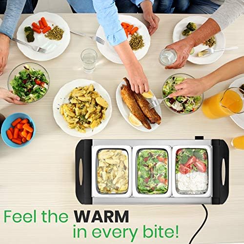 3 Tray Buffet Server & Hot Plate Food Warmer | Tabletop Electric Food Warming Tray | Easy Clean Stainless Steel, alternate