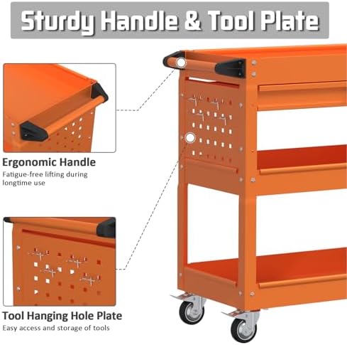3 Tray Rolling Tool Cart with Drawers, 400 LBS Capacity Mechanic Tool Cart on Wheels, Heavy Duty Utility Cart, alternate view