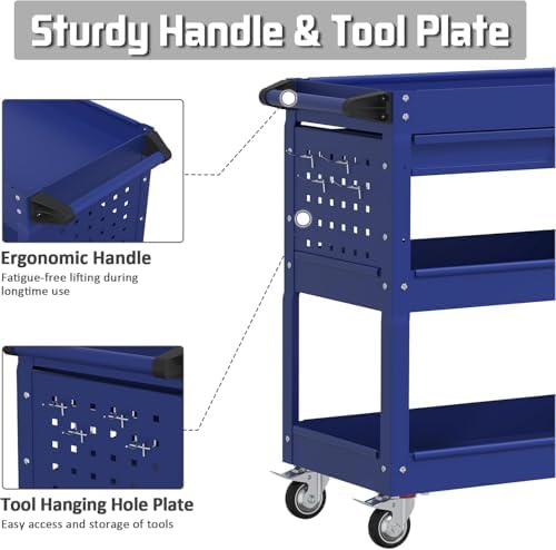 3 Tray Rolling Tool Cart with Drawers, 400 LBS Capacity Mechanic Tool Cart on Wheels, Heavy Duty Utility Cart, alternate view