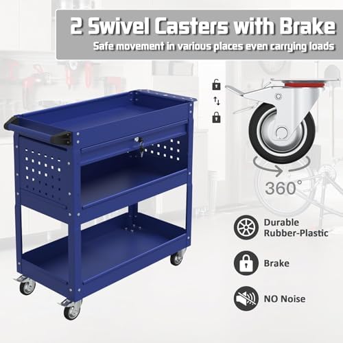 3 Tray Rolling Tool Cart with Drawers, 400 LBS Capacity Mechanic Tool Cart on Wheels, Heavy Duty Utility Cart, alternate view