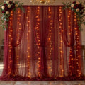 30×10ft Burgundy Tulle Backdrop Curtain with Lights String for Parties, Sheer Photo Backdrop Curtains for