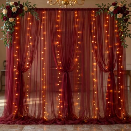 30×10ft Burgundy Tulle Backdrop Curtain with Lights String for Parties, Sheer Photo Backdrop Curtains for