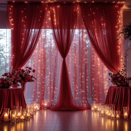 30×10ft Burgundy Tulle Backdrop Curtain with Lights String for Parties, Sheer Photo Backdrop Curtains for, alternate view 2