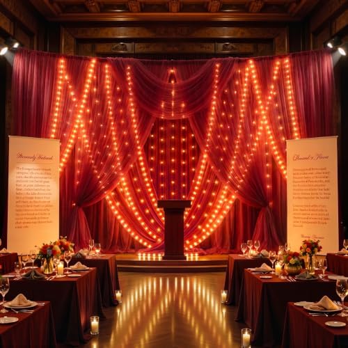 30×10ft Burgundy Tulle Backdrop Curtain with Lights String for Parties, Sheer Photo Backdrop Curtains for, alternate view 7