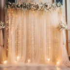 30×10ft Champagne Tulle Backdrop Curtain with Lights String for Parites, Sheer Photo Backdrop Curtains for