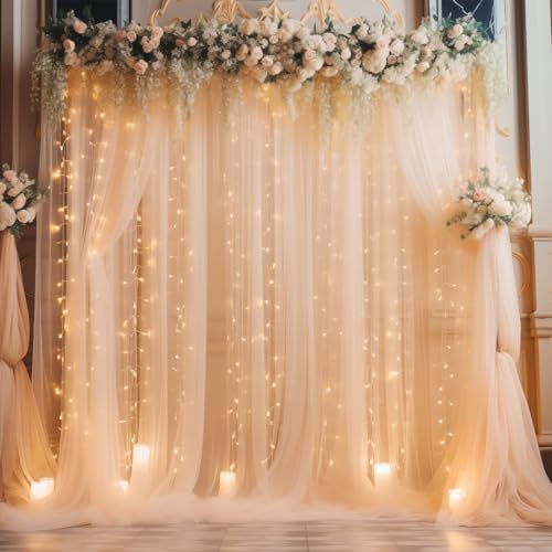 30×10ft Champagne Tulle Backdrop Curtain with Lights String for Parites, Sheer Photo Backdrop Curtains for