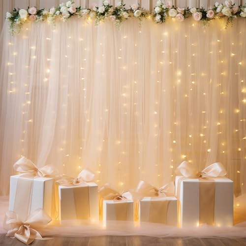 30×10ft Champagne Tulle Backdrop Curtain with Lights String for Parites, Sheer Photo Backdrop Curtains for, alternate view 2