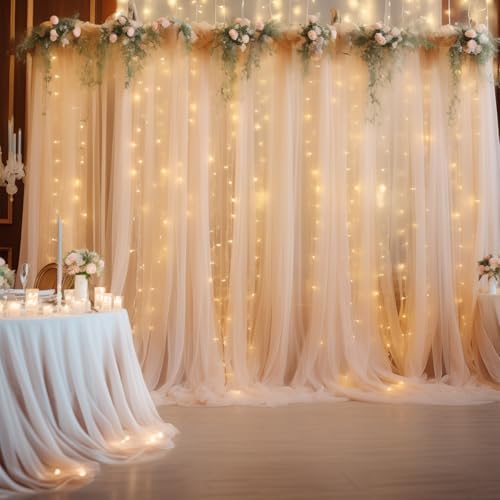 30×10ft Champagne Tulle Backdrop Curtain with Lights String for Parites, Sheer Photo Backdrop Curtains for, alternate view 3