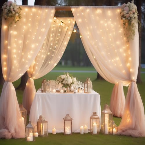 30×10ft Champagne Tulle Backdrop Curtain with Lights String for Parites, Sheer Photo Backdrop Curtains for, alternate view 6