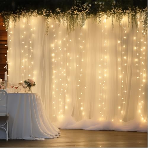 30×10ft Cream White Tulle Backdrop Curtain with Lights String for Parites, Sheer Photo Backdrop Curtains for, alternate view