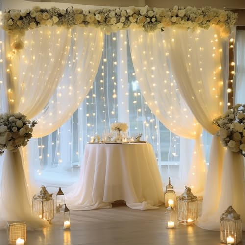 30×10ft Cream White Tulle Backdrop Curtain with Lights String for Parites, Sheer Photo Backdrop Curtains for, alternate view