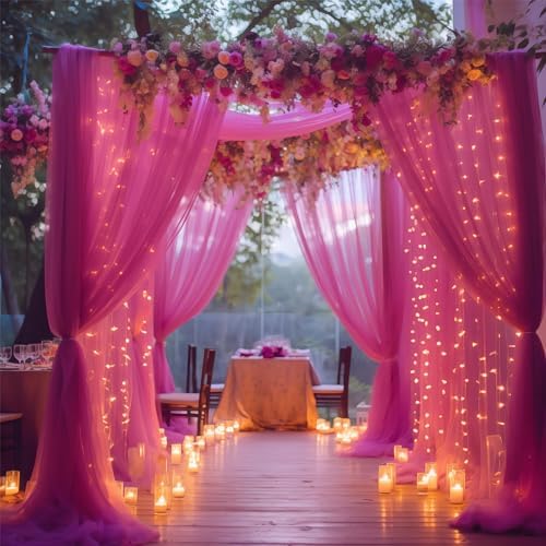 30×10ft Hot Pink Tulle Backdrop Curtain with Lights String for Parties, Sheer Photo Backdrop Curtains for