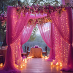 30×10ft Hot Pink Tulle Backdrop Curtain with Lights String for Parties, Sheer Photo Backdrop Curtains for