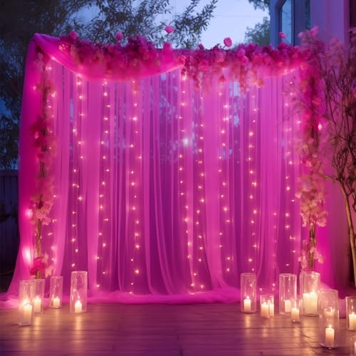 30×10ft Hot Pink Tulle Backdrop Curtain with Lights String for Parties, Sheer Photo Backdrop Curtains for, alternate view 3