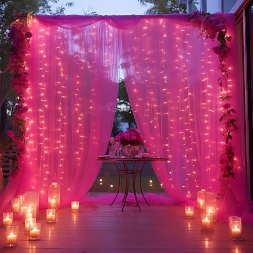 30×10ft Hot Pink Tulle Backdrop Curtain with Lights String for Parties, Sheer Photo Backdrop Curtains for, alternate view 6