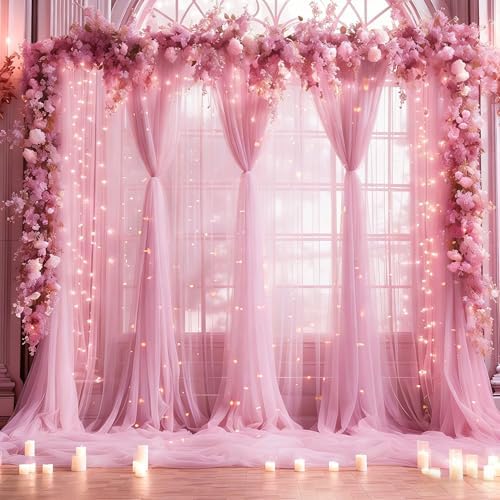 30×10ft Pink Tulle Backdrop Curtain with Lights String for Parties, Sheer Photo Backdrop Curtains for Wedding