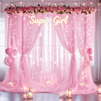 30×10ft Pink Tulle Backdrop Curtain with Lights String for Parties, Sheer Photo Backdrop Curtains for Wedding, alternate view