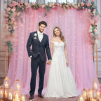 30×10ft Pink Tulle Backdrop Curtain with Lights String for Parties, Sheer Photo Backdrop Curtains for Wedding, alternate view