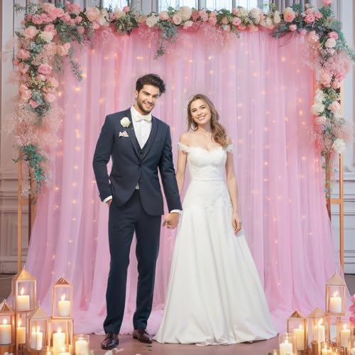 30×10ft Pink Tulle Backdrop Curtain with Lights String for Parties, Sheer Photo Backdrop Curtains for Wedding, alternate view