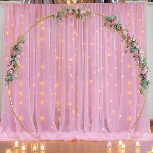 30×10ft Pink Tulle Backdrop Curtain with Lights String for Parties, Sheer Photo Backdrop Curtains for Wedding, alternate view