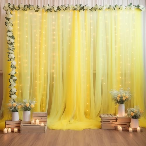30×10ft Yellow Tulle Backdrop Curtain with Lights String for Parties, Sheer Photo Backdrop Curtains for Wedding