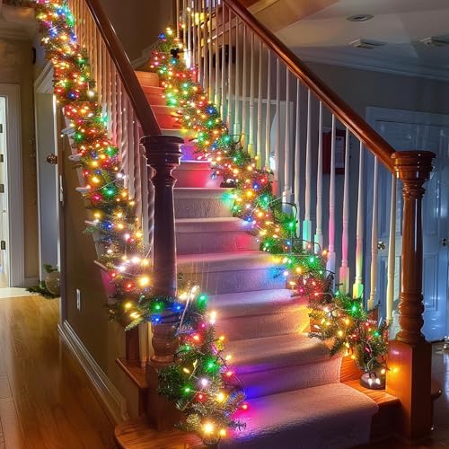 30 FT Pre-Lit Christmas Garland Decorations, 100 LED Lighted Artificial Pine Garlands with 8 Modes, Green, alternate view 4