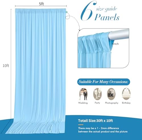 30 ft x 10 ft Wrinkle Free Baby Blue Backdrop Curtains for Parties, 6 Panels 5 ft x 10 ft Polyester Light Blue, alternate