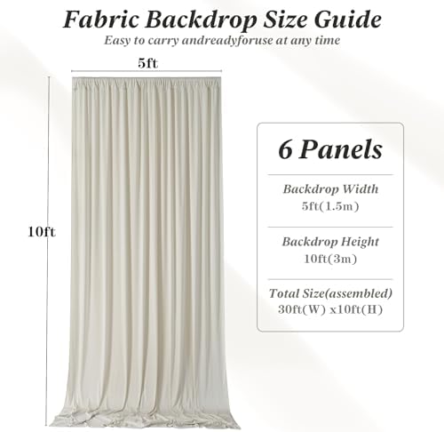 30 ft x 10 ft Wrinkle Free Beige Backdrop Curtain for Parties, 6 Panels 10ft Polyester Beige Photo Backdrop, alternate view 2