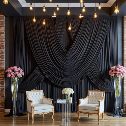 30 ft x 10 ft Wrinkle Free Black Backdrop Curtain for Parties, 6 Panels Silky Polyester Black Wedding Drapes for, alternate