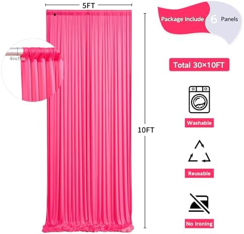 30 ft x 10 ft Wrinkle Free Fuchsia Backdrop Curtain for Parties, 6Panels Polyester Hot Pink Photo Backdrop, alternate view 2
