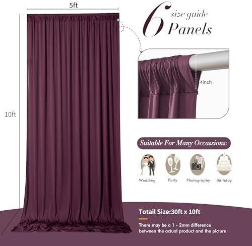 30 ft x 10 ft Wrinkle Free Maroon Backdrop Curtain for Parties, Polyester Burgundy Photo Backdrop Drapes 6, alternate view 5